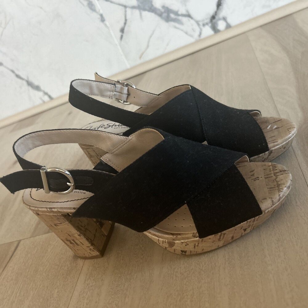 LifeStride Lara Sandal Women's 6.5 M Black Fabric Chunky Faux Cork 3.5" Heel